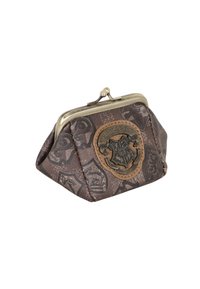 Monedero marrón con estampado y marco metálico, que presenta un emblema de Hogwarts en cuero, forma triangular y superficie texturizada.