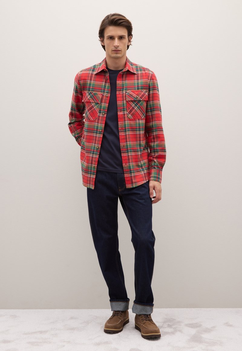 Camicia In Flanella Da Uomo – Quadri Scozzesi Rosso E Verde Scuro, Taglia M, Con Tasca