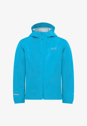 Φωτεινό μπλε αδιάβροχο μπουφάν με κουκούλα, φερμουάρ ολόκληρο μπροστά, ελαστικές μανσέτες και μικρή αντανακλαστική λωρίδα στο αριστερό μανίκι.