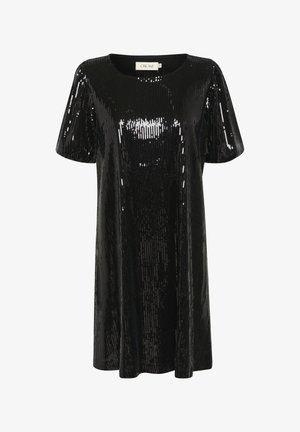 Must mustriga kleit lühikeste varrukatega, ümar kaelus, lõtv istuvus, millel on särav pinnatekstuur ja kerge A-line kuju.