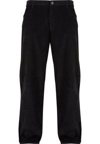 Pantalon en velours côtelé noir avec une coupe droite, fermeture à bouton et zip devant, poches latérales et passants pour ceinture.