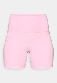 Ροζ σορτς με ψηλή μέση από ελαστικό ύφασμα, διαθέτοντας δύο πλαϊνές τσέπες, ομαλή υφή και εφαρμοστή σχεδίαση.