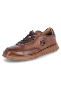 Brown leather sneakers with black laces, rounded toe, rubber sole, and embossed logo detail on the side. Features textured upper.