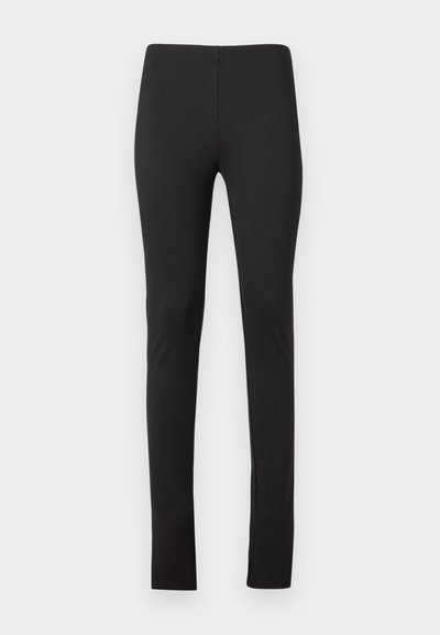 Czarne legginsy wykonane z elastycznego materiału, o dopasowanym kroju i czystych liniach, bez kieszeni czy zdobień.
