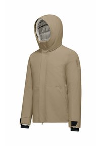Giacca khaki con cappuccio realizzata in materiale esterno liscio, due tasche frontali e dettagli a contrasto neri sui polsini; l'interno presenta un rivestimento trapuntato.