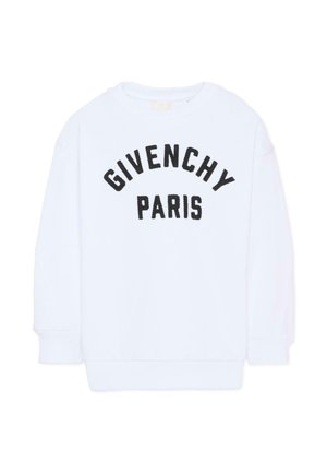 Biała bluza z długim rękawem, ściągaczami przy mankietach i dole, z napisem „GIVENCHY PARIS” dużymi czarnymi literami na przodzie.