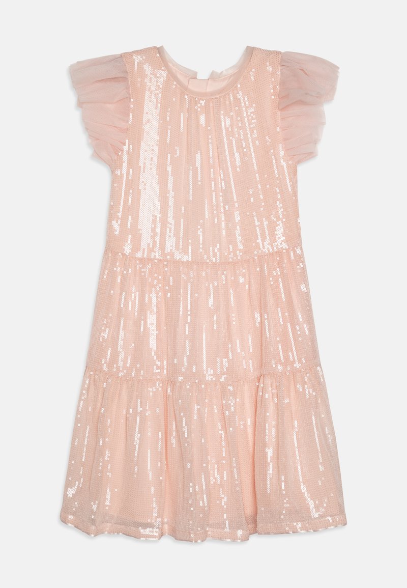 Pink dress with sequins, layered skirt, and short tulle sleeves. Features a round neckline and fabric with a shiny, textured finish.