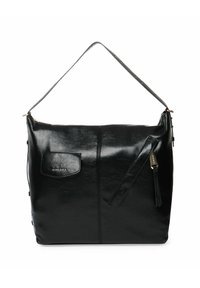 Sac à main en cuir noir avec une texture lisse, fermeture éclair supérieure, poche avant et bandoulière amovible. Présente un détail de fermeture éclair sur le côté.