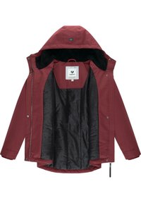 Maroon outdoor jacket with a hood; interior features black smooth lining and textured details; zip and snap button closure; side pockets.