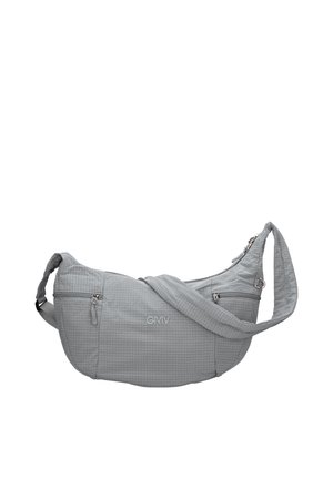 Borsa a tracolla grigio chiaro con due tasche con cerniera, tracolla regolabile e motivo a quadretti sottile, ricamata con il logo "GMV".