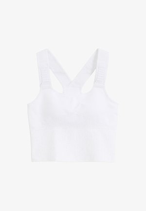 Balta sportinė liemenėlė su plačiomis kryžminėmis petnešomis, raukšlėta tekstūra apačioje ir minkšta medžiaga visame paviršiuje. Minimalistinis dizainas, be raštų ar akcentų.