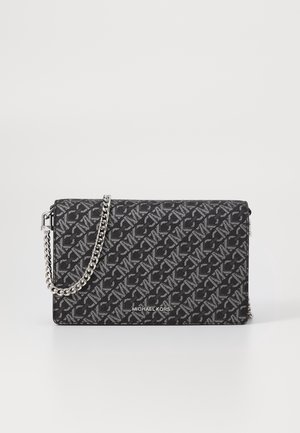 Black patterned synthetic crossbody bag with a silver chain strap. Features logo design and textured surface. Compact rectangular shape.