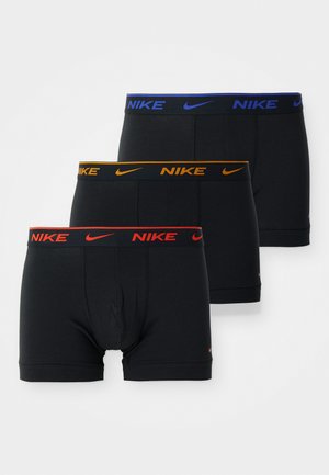 Three pairs of black boxer briefs with elastic waistband. Each features a different color logo: blue, orange, and red, with a smooth texture.