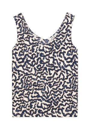 Top sin mangas con escote en forma de media luna, fabricado en tejido acanalado con base color crema y patrón abstracto azul.