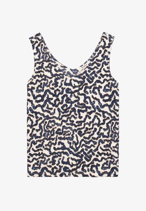Top sin mangas con escote en forma de media luna, fabricado en tejido acanalado con base color crema y patrón abstracto azul.