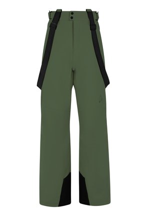 Pantalones impermeables verdes con corte recto, tirantes negros ajustables y acentos negros en los puños. Presentan una cintura alta y dos botones.