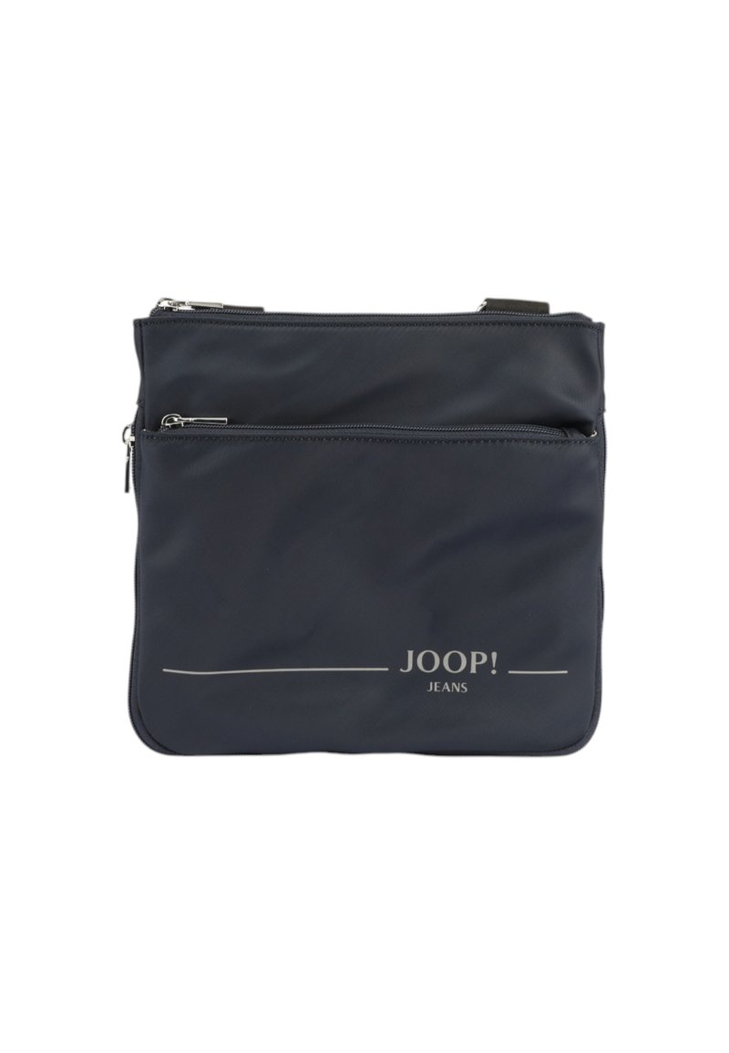 Borsa in nylon blu navy con due tasche con zip, una texture liscia e un logo stampato "JOOP! JEANS" in argento sul fronte.