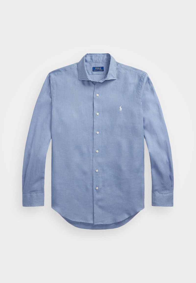 Chemise bleu clair à manches longues avec boutons, en tissu tissé, dotée d'un col pointu, de sept boutons et d'un petit logo sur la poitrine.