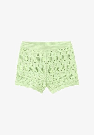 Svijetlozeleno pletene hlačice sa valovitim rubom i uzorkom proreza, s rebrastim elastičnim pojasom.