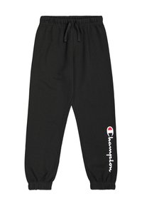 Schwarze Baumwoll-Sweatpants mit einem elastischen Taillenbund, Kordelzug und elastischen Bündchen. Mit dem weißen "Champion"-Logo auf der linken Seite.
