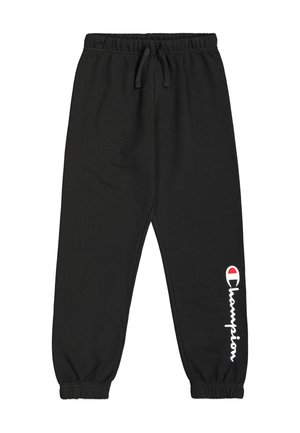 Pantalones de chándal negros de algodón con cintura elástica, cordón de ajuste y puños elásticos. Presenta el logotipo blanco de "Champion" en el lado izquierdo.