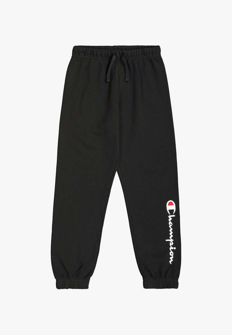 Schwarze Baumwoll-Sweatpants mit einem elastischen Taillenbund, Kordelzug und elastischen Bündchen. Mit dem weißen "Champion"-Logo auf der linken Seite.