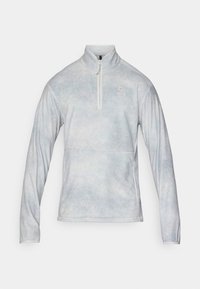 Hele halli neljandik tõmblukuga pullover pehme ja tekstuuriga pinnaga, millel on õrn sinine marmorist muster. Omab püsti kaelust ja logo detaile.