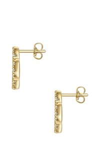 Porų aukso smeigtukai su tekstūruotais kraštais ir mažais skaidriais brangakmeniais eilutėje palei šonus, parodyti iš šono.