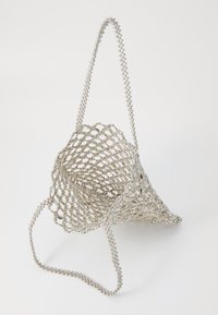 Metallic mesh handbag with a conical shape, featuring a beaded chain strap and an open netted design. Color: silver.