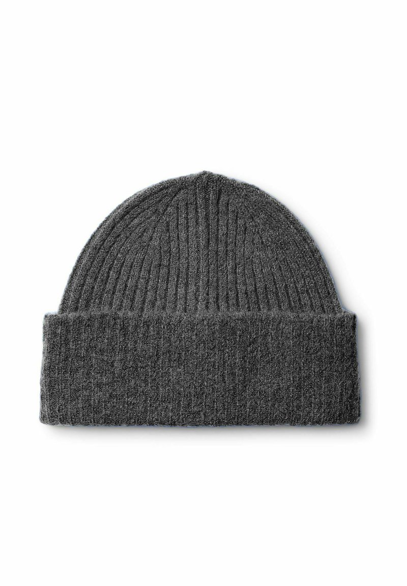 Berretto lavorato a maglia grigio con texture a coste, caratterizzato da un risvolto alla base e un design a punta arrotondata. Tessuto morbido e caldo.
