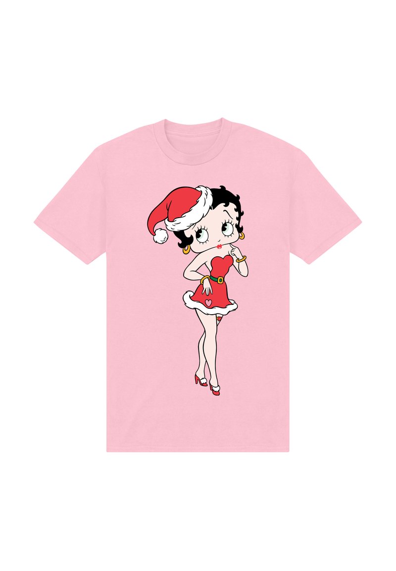 Ljusrosa t-shirt med en tecknad figur i en röd klänning med vit kant och en jultomte-mössa, med röda högklackade skor och guldörhängen.