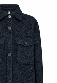 Marineblauwe jas van een wolmix met textuur, voorzien van een knoopsluiting aan de voorkant, een kraag en twee borstzakken met klep en knopen.