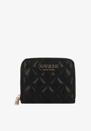 Schwarze, gesteppte Brieftasche aus Leder mit einem goldfarbenen Logo und Reißverschlussdetails. Sie hat eine kompakte rechteckige Form und eine strukturierte Oberfläche.