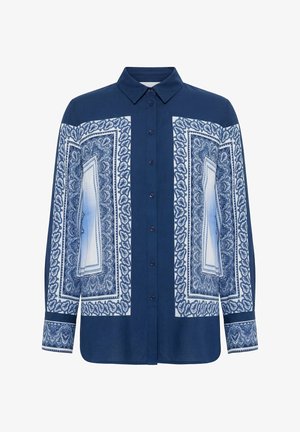 Langärmliges marineblaues Hemd mit Knopfleiste und weißen sowie blauen, kunstvollen Paisley-Muster auf Vorderseite, Ärmeln und Manschetten.
