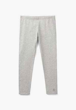 Leggings grigi realizzati in tessuto morbido, con una superficie liscia, una vita elastica e un logo discreto sulla gamba.
