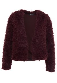 Burgundská huňatá bunda s dlouhými rukávy a otevřeným předním dílem. Textura je měkká a chlupatá, navržena pro nošení přes oblečení.