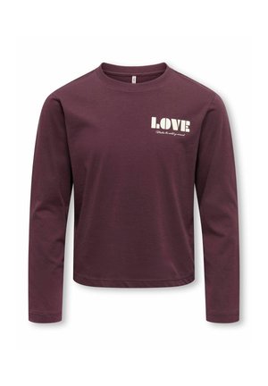 T-shirt bordeaux à manches longues avec col rond, texte blanc "LOVE" et une inscription plus petite en dessous sur la poitrine côté gauche.