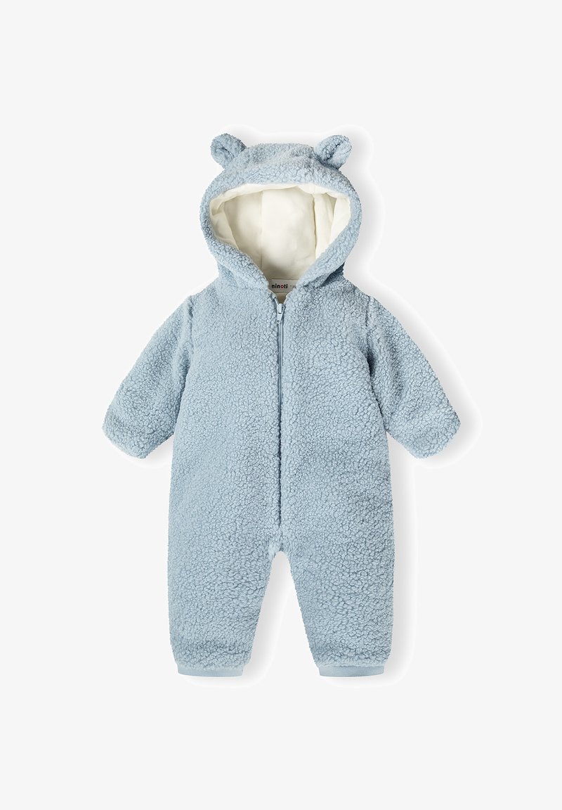 Tutina azzurra chiaro pelosa per neonati con cappuccio con piccole orecchie da orso e chiusura frontale con cerniera, progettata per calore e comfort.