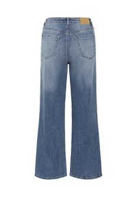 Niebieskie jeansy z szerokimi nogawkami, wysokim stanem, dwoma tylnymi kieszeniami oraz brązową skórzaną naszywką z logo na pasku w talii.