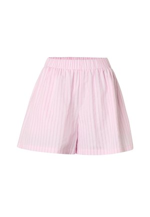 Short ample rayé rose et blanc avec taille élastique, en tissu léger, présenté sur fond blanc.