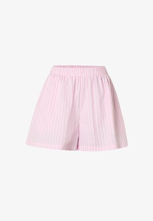 Short ample rayé rose et blanc avec taille élastique, en tissu léger, présenté sur fond blanc.