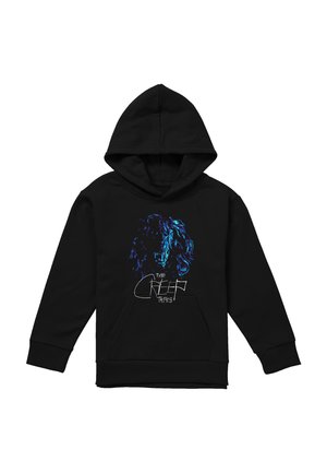 Black hooded sweatshirt with front kangaroo pocket featuring a blue graphic of a snarling dog and stylized text "The Creep Tapes."