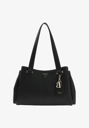 Sac à main en similicuir noir au design structuré, avec deux poignées et des ferrures argentées. Comprend une plaque de logo et un charm suspendu.