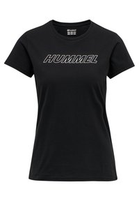 Schwarzes Baumwoll-T-Shirt mit kurzen Ärmeln und Rundhalsausschnitt. Auf der Vorderseite ist das "HUMMEL"-Logo in großen, weißen, fetten Buchstaben abgebildet.