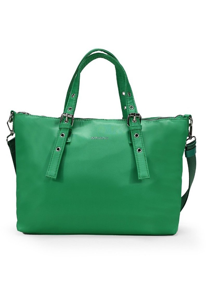 Bolso de mano de imitación de cuero verde con asas superiores dobles, correa de hombro ajustable, herrajes metálicos y detalles de costura visibles.