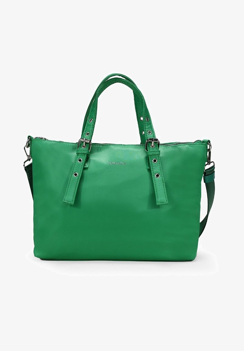 Bolso de mano de imitación de cuero verde con asas superiores dobles, correa de hombro ajustable, herrajes metálicos y detalles de costura visibles.