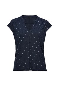 Tummansininen lyhythihainen pusero V-pääntiellä, jossa on toistuva valkoinen kuvio pienistä vesipisaroista ja pehmeä, sileä kangas.