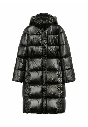 Czarna puchowa kurtka o błyszczącym wykończeniu, z kapturem, złotymi detalami i pikowanym wzorem z dużymi sekcjami. Długie rękawy.