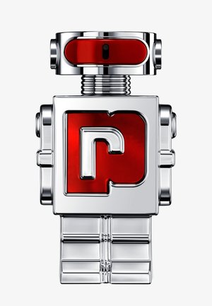 Shiny silver robot with a red faceplate and red emblem shaped like a lowercase "r" on its square torso, against a white background.