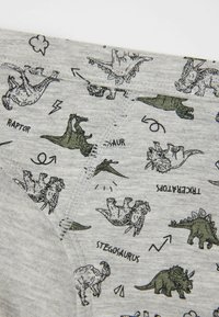 Šedé bavlněné spodní prádlo s černými a zelenými vzory dinosaurů, zahrnující raptory a stegosaure, s měkkou a hladkou texturou.